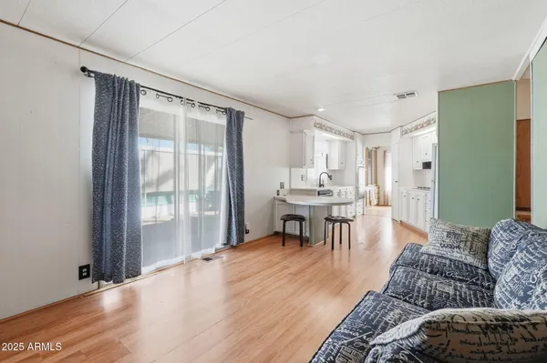 a living room with furniture a wooden floor and a sink