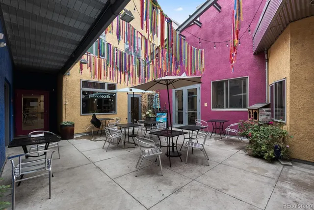 a view of a building with couch