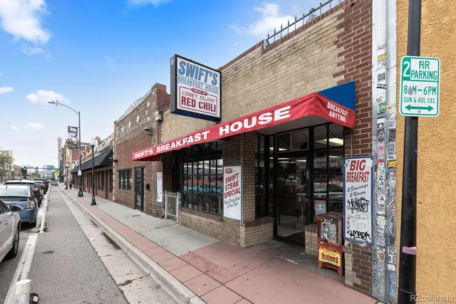 a building outdoor space with seating