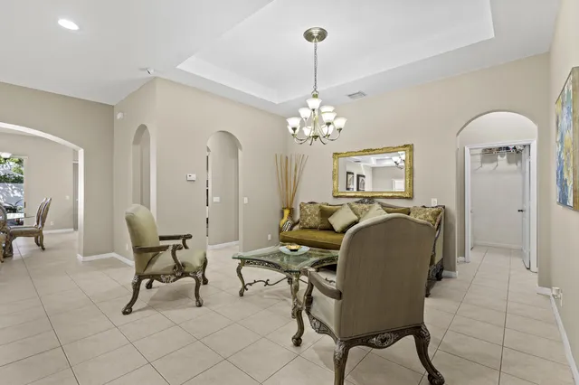 a workspace with chandelier