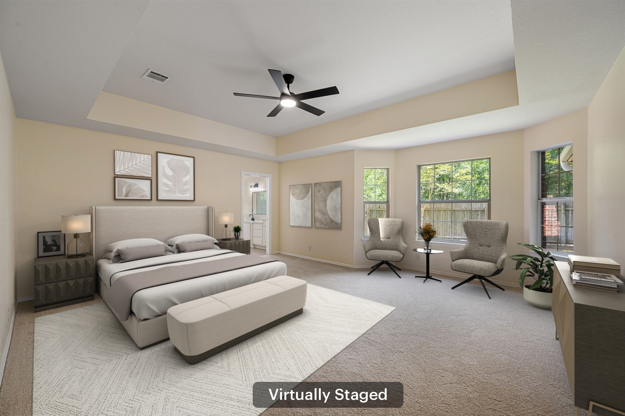 1600 Colton Way Cedar Park, TX 78613 - Photo 18 of 34 A spacious primary bedroom features an elegant tray ceiling and ample natural light through large windows.