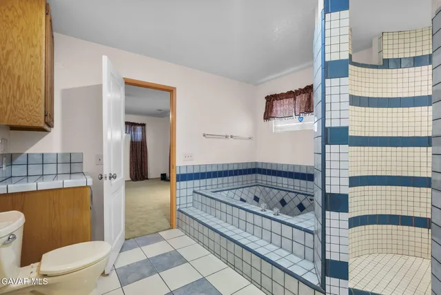 a bathroom with a bathtub and toilet