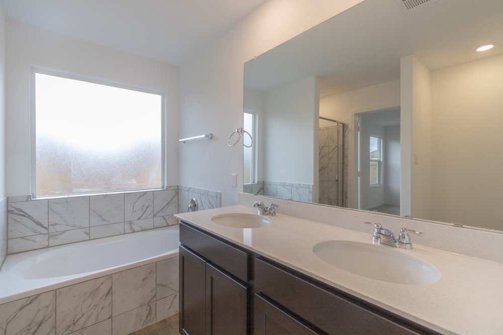 309 Canley Loop Hutto, TX 78634 - Photo 19 of 27 a bathroom with a bathtub sink and mirror