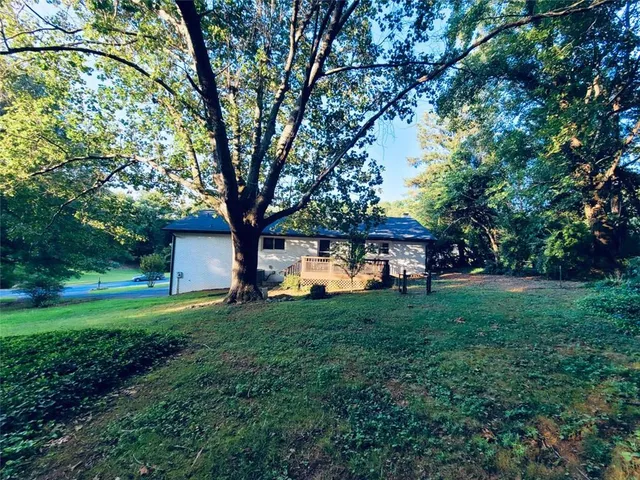 a backyard of a house with plants and large tree