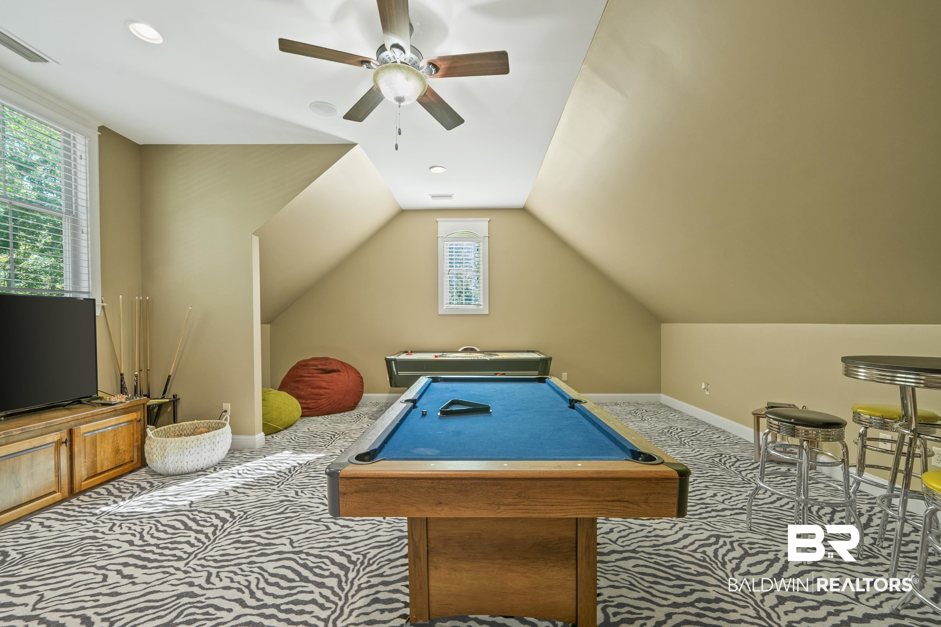 31829 Butler Drive Daphne, AL 36527 - Photo 35 of 48 Playroom with light colored carpet, vaulted ceiling, ceiling fan, and billiards