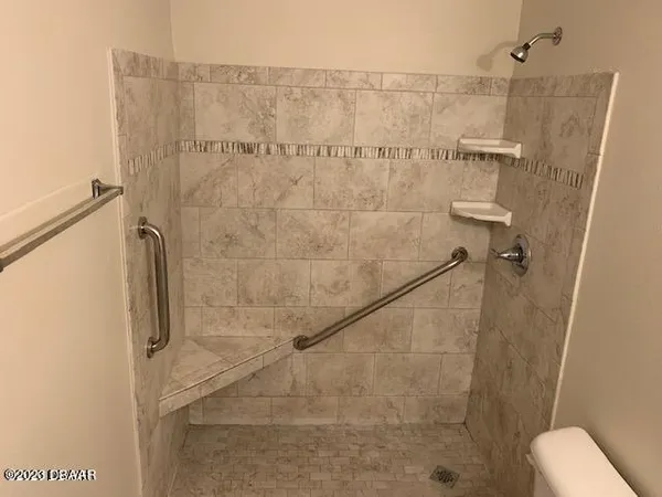 a bathroom with a shower and toilet