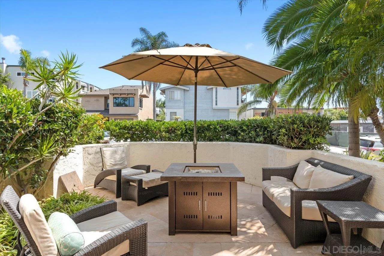 312 Bonair Street La Jolla, CA 92037 - Photo 28 of 40 a view of a patio with couches under an umbrella