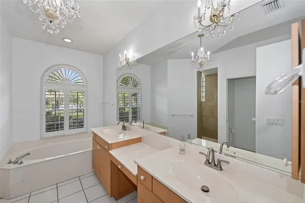 a spacious bathroom with a sink a large mirror and a bathtub with shower