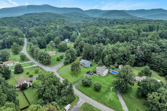 an aerial view of green landscape with trees houses and mountain view