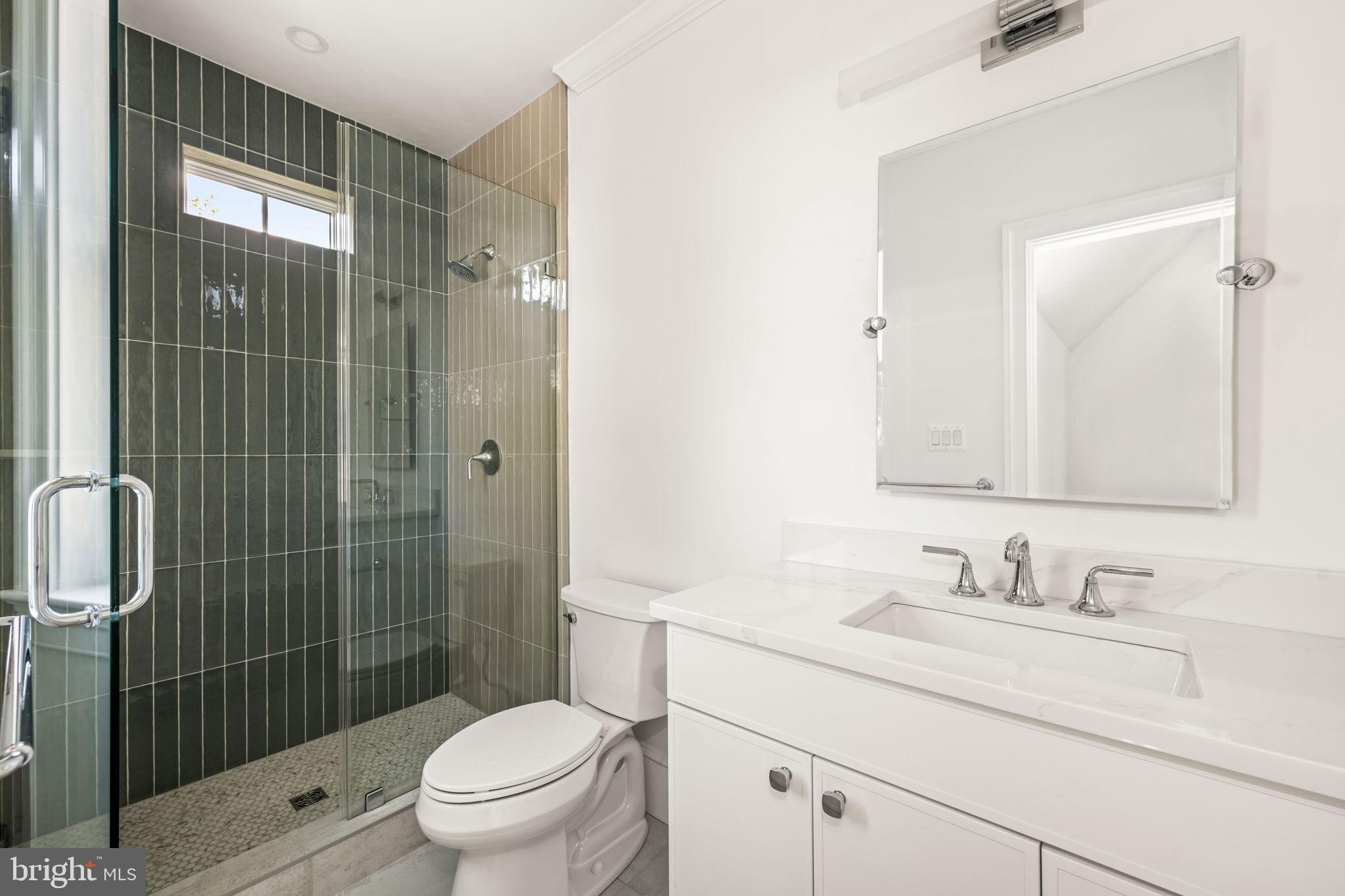 414 Rucker Place Alexandria, VA 22301 - Photo 82 of 135 a bathroom with a granite countertop toilet a sink and a mirror