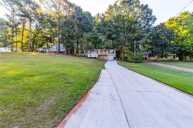 a view of a park with large trees