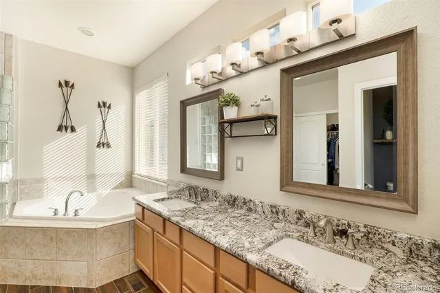 a bathroom with a tub sink and mirror