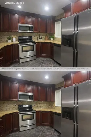 a kitchen with stainless steel appliances and wooden cabinets