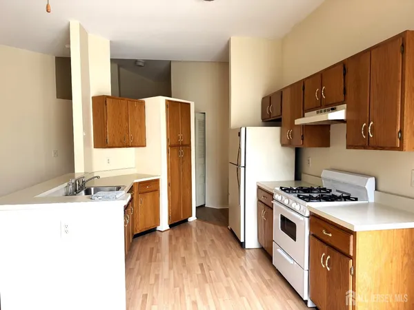 a kitchen with stainless steel appliances a stove a sink a refrigerator and wooden cabinets