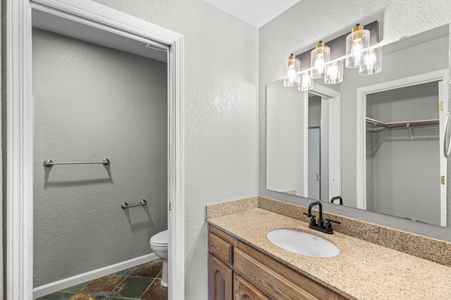 2512 Quail Hill Road Copperopolis, CA 95228 - Photo 46 of 70 a bathroom with a granite countertop sink toilet and a mirror