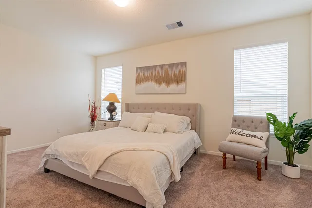 a bedroom with a bed and a window