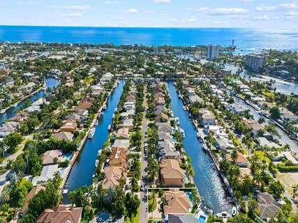 an aerial view of residential building and city street