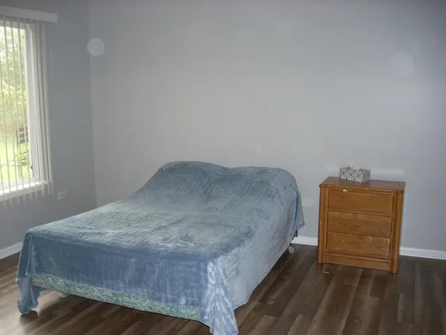 a bedroom with a bed and a cabinets