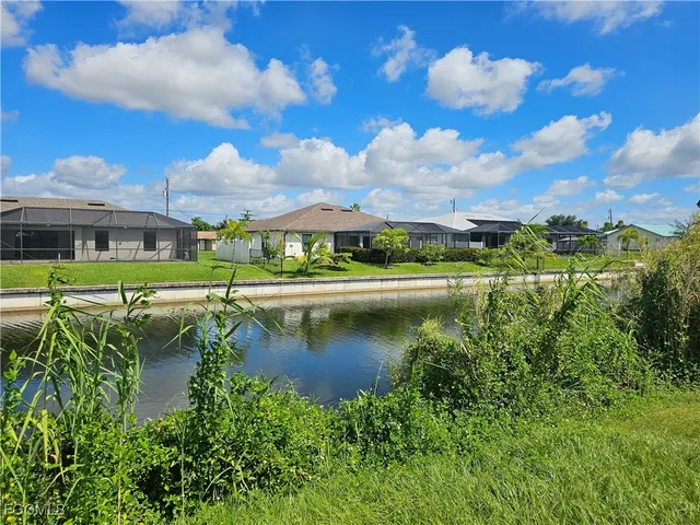 a view of a swimming pool with a garden in the background