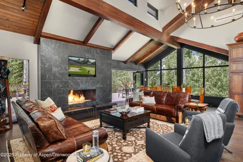 a living room with furniture a fireplace and a large window