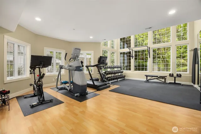 a living room with furniture and a table