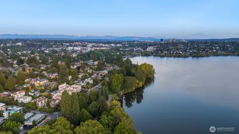 an aerial view of a house with a lake view