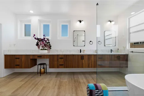 a bathroom with a bathtub and a sink