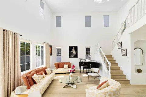 a living room with furniture and a potted plant