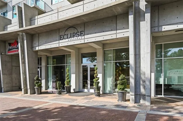 a front view of a building with street