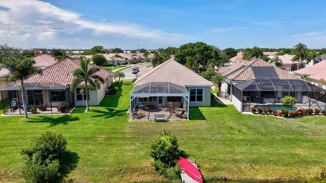 an aerial view of a house with a garden