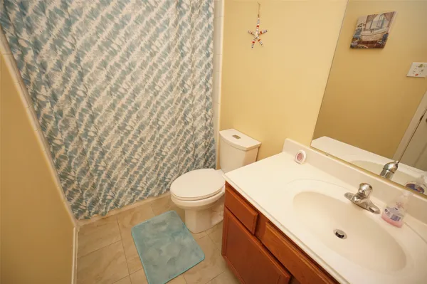 a bathroom with a sink a toilet and shower curtain
