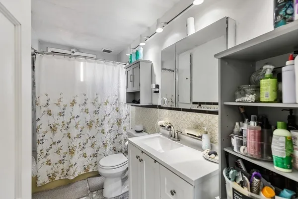 a bathroom with a sink toilet and shower