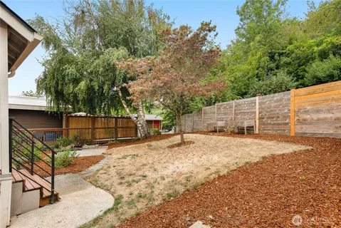 a backyard of a house with lots of trees