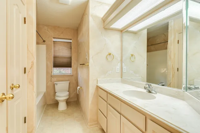 a bathroom with a sink a toilet and a large mirror