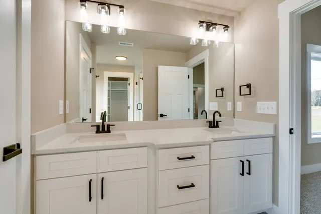 a bathroom with a double vanity sink and mirror