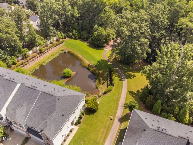 an aerial view of a swimming pool
