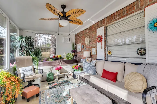 a view of a park with large trees