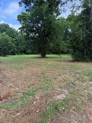 a view of a field with trees in background