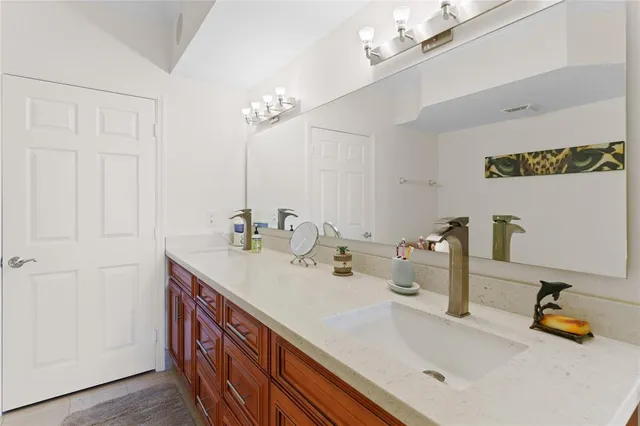 a bathroom with a sink vanity and a mirror