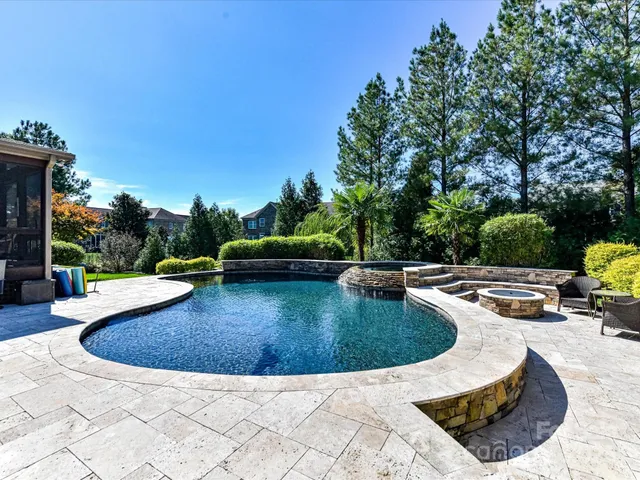 a view of a swimming pool with potted plants