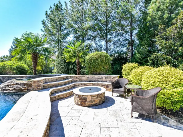 a view of swimming pool with outdoor seating and plants