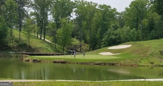 a view of a lake with a yard