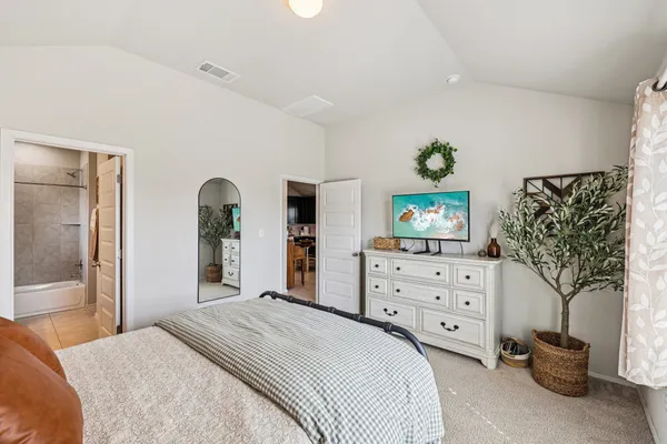 a bedroom with a bed and a dresser