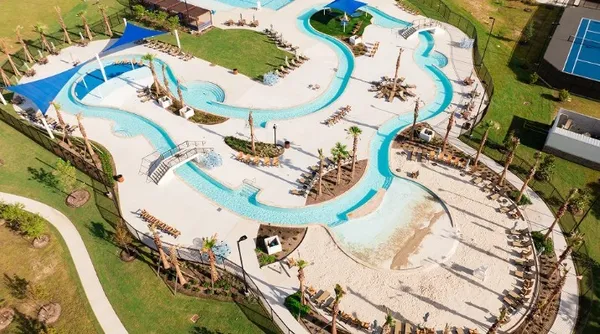 an aerial view of a swimming pool