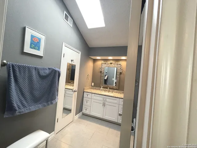 a bathroom with a sink a mirror and a shower