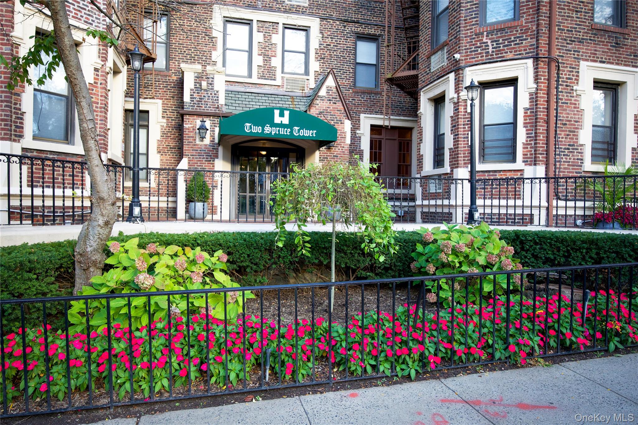 a front view of multi story residential apartment building with a yard