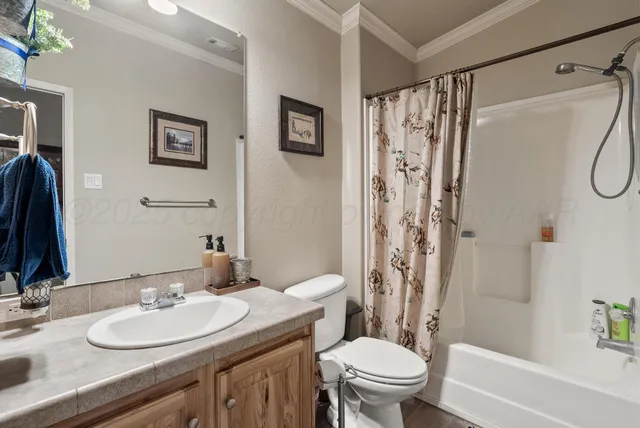 a bathroom with a granite countertop sink toilet a mirror a shower curtain and a large mirror