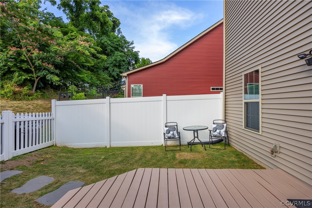 5724 Riverside Place Richmond, VA 23225 - Photo 42 of 47 a view of a deck with table and chairs with wooden floor and fence