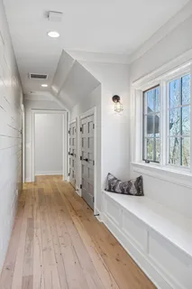 a view of an empty room with empty racks