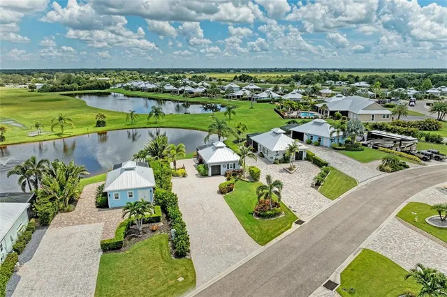 an aerial view of a house with a garden